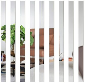 10Pcs 20X5Cm Strips Spiegel Tegel Muur Stickers Decals Mozaïek Home Badkamer Woonkamer Decor Lange Muur spiegel Stickers Zilver