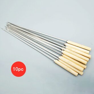 10Pcs 35Cm Rvs Bbq Spies Houten Handvat Bbq Naald Herbruikbare Barbecue Vlees String Grill Vork Keuken Koken tool Flat sign