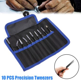 10pcs Anti-static ESD Stainless Steel Tweezers Maintenance Tools Industrial Precision Curved Straight Tweezers Repair Tools Set