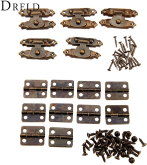 10Pcs Antique Bronze Furniture Cabinet Hinges + 5Pcs Jewelry Wooden Box CaseToggle Hasp Latch Iron Vintage Hardware Accessories