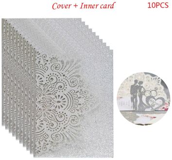 10Pcs Bruid En Bruidegom Hollow Party Uitnodigingen Card Delicate Gesneden Kant zilver