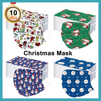 10Pcs Christmas Printed Masks Adult Disposable Surgical Mask 3 Ply Filter Face Mouth Mask Breathable Xmas Anti Dust Medical Mask