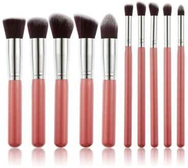 10Pcs Draagbare Mode Multifunctionele Zachte Make-Up Borstel Set 3Cm/1.2Inch Houten Make-Up Tool Brochas maquillaje PinkSilver