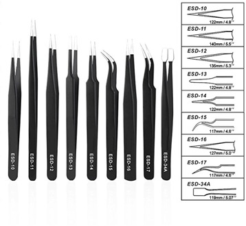 10Pcs ESD Antistatic Tweezers Tool Set High Precision Tip Curved Straight Tweezer Stainless Multifunction Nipper Repair Tool Kit