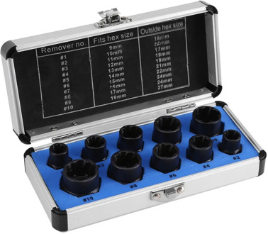 10PCS/Lot Damaged Bolt Nut Screw Remover Extractor Removal Set Threading Tools Kit for 9mm To 19mm Head Nuts Extractor Set