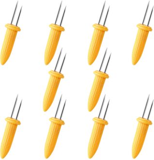 10Pcs Rvs Corn Houders Maïskolven Spiesjes Fruit Vorken Barbecue Tool (Geel)