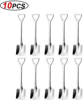 10Pcs Rvs Schop Koffie Lepel Set Tea-Lepel Schop Dessert Lepel Kerstcadeau Servies Ijs gereedschap zilver plein lepel