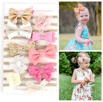 10Pcs/Set Lace Flower Glitter Bowknot Headband for Baby Girls Leather Elastic Hair Band Velvet Cartoon Felt Print Accessories