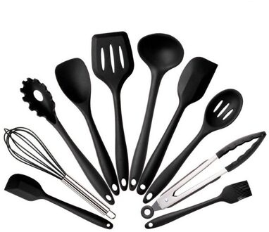 10Pcs Silicone Keukengereedschap Farberware Spoonula Spatel Lepels Turner Garde Koken Gereedschap Rood Zwart