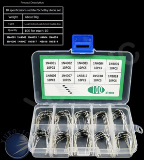 10Value*10pcs=100pc rectifier diode kit box 1N4001 IN4002 1N4003 1N4004 1N4005 1N4006 1N4007 1N5817 1N5818 1N5819 Assorted mix