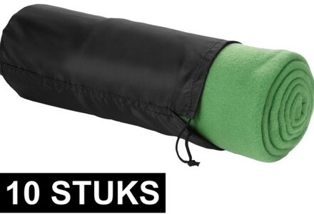 10x Fleece deken groen 150 x 120 cm - reisdeken met tasje