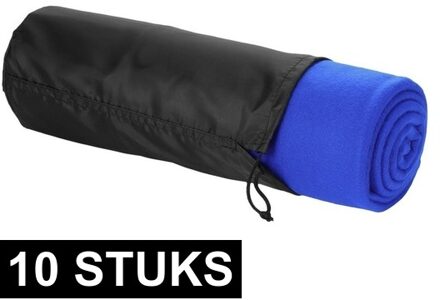 10x Fleece deken kobalt blauw 150 x 120 cm - reisdeken met tasje