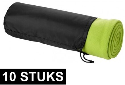 10x Fleece deken lime groen 150 x 120 cm - reisdeken met tasje