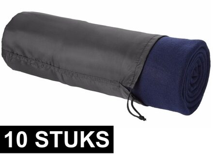 10x Fleece deken navy 150 x 120 cm - reisdeken met tasje