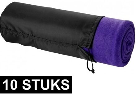 10x Fleece deken paars 150 x 120 cm - reisdeken met tasje