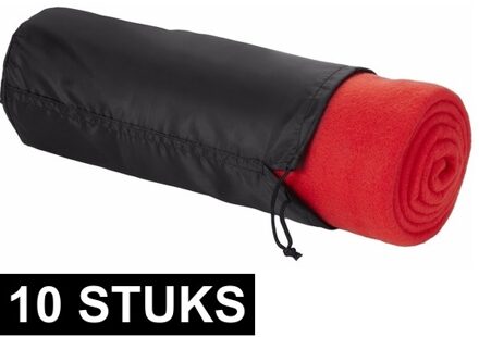 10x Fleece deken rood 150 x 120 cm - reisdeken met tasje