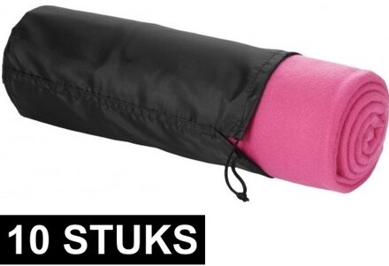 10x Fleece deken roze 150 x 120 cm - reisdeken met tasje