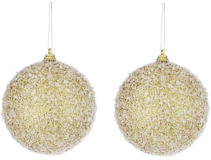 10x Gouden kunststof kerstballen met witte sneeuw afwerking 8 cm - Kerstboomversiering/kerstversiering/boomversiering