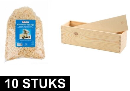 10x Houten wijnkist/verpakking met schuifdeksel 33,5 x 9 x 9,5 cm en 300 gram vulmateriaal / houtwol - Wijnkistje/wijndoosje - Relatiegeschenk/geschenkverpakkingen