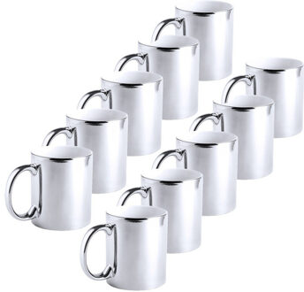 10x Metallic zilveren koffiebekers/theemokken keramisch 350 ml - Servies - Bekers/mokken