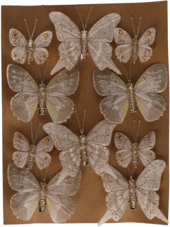 10x stuks decoratie vlinders op clip champagne diverse maten - Kersthangers Champagnekleurig