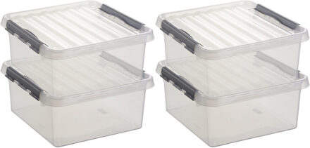 10x Sunware Q-Line opberg box/opbergdoos 18 liter 40 x 40 x 20 cm kunststof - Vierkante opslagbox - Opbergbak kunststof transparant/zilver