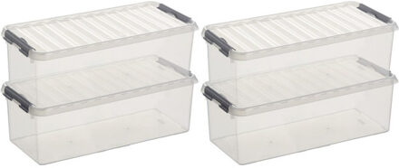 10x Sunware Q-Line opberg box/opbergdoos 9,5 liter 48,5 x 19 x 14,7 cm kunststof - Langwerpige/smalle opslagbox - Opbergbak kunststof transparant/zilver