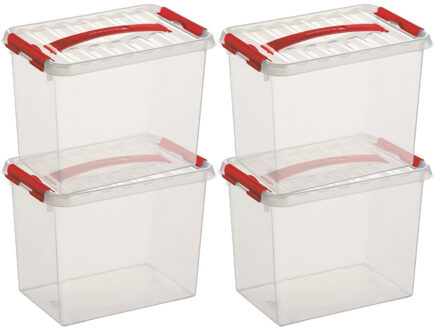 10x Sunware Q-Line opberg boxen/opbergdozen 9 liter 30 x 20 x 22 cm kunststof - Opslagbox - Opbergbak kunststof transparant/rood