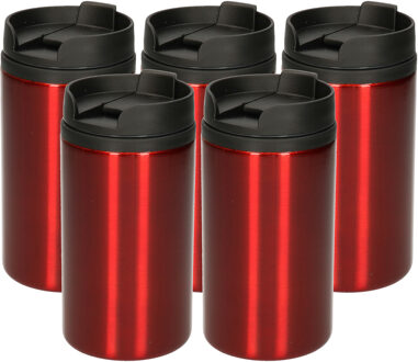 10x Warmhoudbekers metallic/warm houd bekers rood 320 ml - RVS Isoleerbekers/thermosbekers voor onderweg