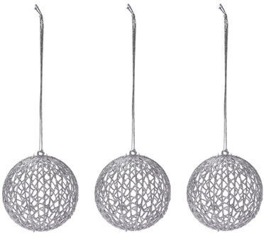 10x Zilveren glitter draad/rotan look kerstballen kunststof 9 cm