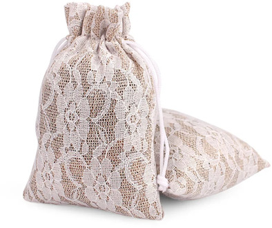 10x15cm, 13x18cm, 16x23cm 50Pcs Lace Jute Burlap Drawstring Bags Jewelry Gift Candy Pouches Wedding Party Decoration Supply