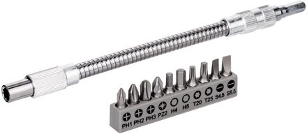 11-delige set flexibel metalen verlengstuk 200 mm, schroefbitset, PH1, PH2, PH3, PZ2, HEX4, HEX5, T20, T25, SL 0,6 x 4,5; 0,8 x 5,5