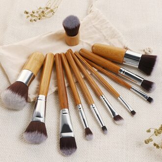 11 Pcs Natuurlijke Bamboe Handvat Make-Up Kwasten Set Foundation Blending Cosmetische Make Up Tool Set Met Katoen tas