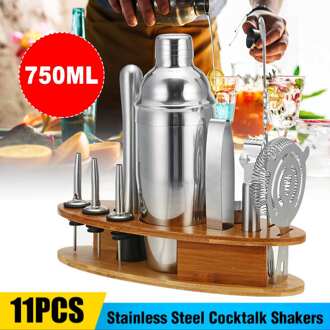 11 Stk/set Barman Kit Cocktail Bar 750Ml Rvs Cocktail Shaker Mixer Lepel Ice Tong Gereedschap Set Met Wijn rack