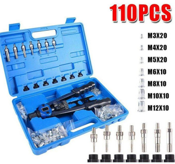 110pcs Heavy Duty Manual Rivet Nut Machine Set Hand Riveter 7 Sizes Nosepiece M3-M12 Riveting Tools Threaded Repairing Insert