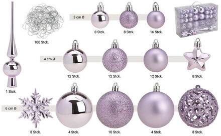111x stuks kunststof kerstballen lila paars 3, 4 en 6 cm met piek