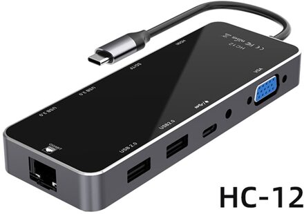 11in1 Usb Type C Hub Adapter Voor Samsung Huawei Macbook Ethernet ,4K Hdmi, Vga, AUX3.5, usb 3.0 Poorten, Tf Sd Reader, Pd Fast Charger HC12 zwart