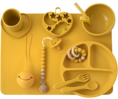 11Pcs Babyvoeding Siliconen Diner Plaat Kom Vork Lepel Kinderen Servies Set Modieuze Pure Kinderen Gerechten Kom Baby stuff 008-mosterd