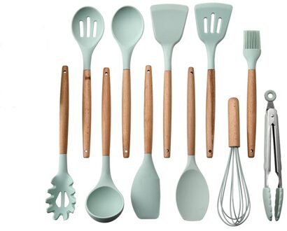 11pcs non-stick Siliconen Kookgerei Set Houten Handvat Lepel Spatel Schop Kookgerei Hittebestendige Keukengerei groen
