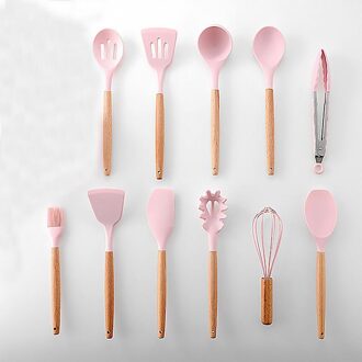 11pcs non-stick Siliconen Kookgerei Set Houten Handvat Lepel Spatel Schop Kookgerei Hittebestendige Keukengerei roze