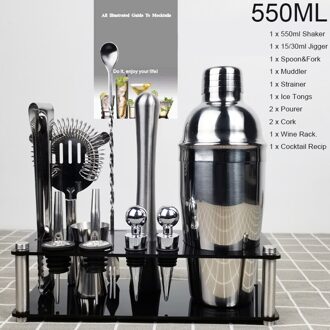 12-13 Stks/set Rvs Boston Cocktail Shaker Bar Set Drink Mixer 450/550/600/750ml Bar Tool Met Rack Recept 12stk 550ml BRack