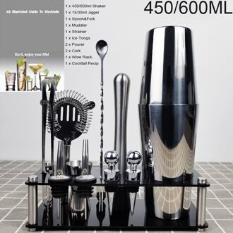 12-13 Stks/set Rvs Boston Cocktail Shaker Bar Set Drink Mixer 450/550/600/750ml Bar Tool Met Rack Recept 13stk 450600ml BRack