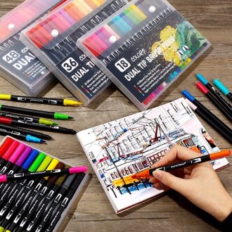 12/18/24/36/48/72/100PCS Kleuren FineLiner Tekening Pen Schilderij Aquarel art Marker Pennen Dual Tip Borstel Pen Kunst School Supplies 18 kleuren