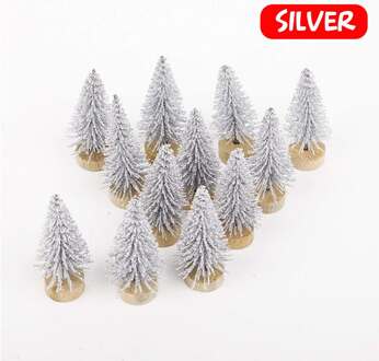 12/24Pcs Mini Kerstboom Sisal Zijde Ceder Home Decor 4.5Cm Kleine Kerstman Sneeuw Vorst Dorp huis Jaar Xmas Supplies zilver / 24stk