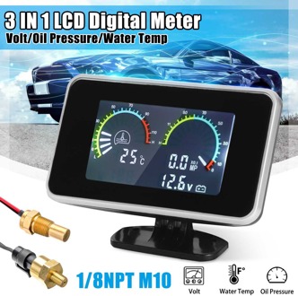 12-24V 3 In1 Lcd Auto Digitale Gauge Voltmeter Olie Druk Water Temp Gauge Meter Met M10 Temperatuur sensor