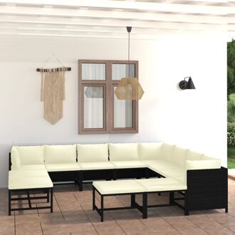 12-delige Loungeset met kussens poly rattan zwart