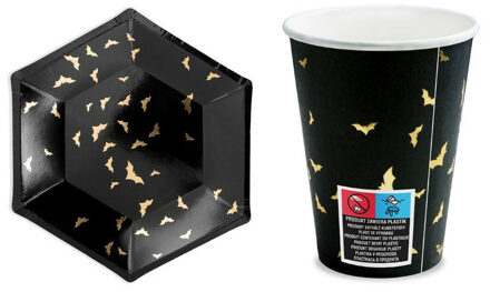 12-delige set Halloween papieren bordjes en bekertjes vleermuis zwart/goud