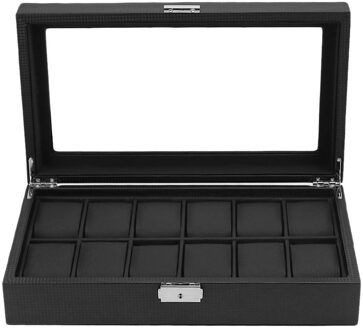 12 Grids Carbon Fiber Horloge Doos Sieraden Horloge Display Opslag Houder Rechthoek Zwart Lederen Horloge Doos Geval Verpakking Organizer