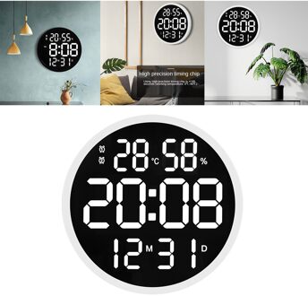 12 Inch Led Grote Aantal Wandklok Digitale Temperatuur En Vochtigheid Elektronische Klok Modern Decoratie Home Decor wit kader