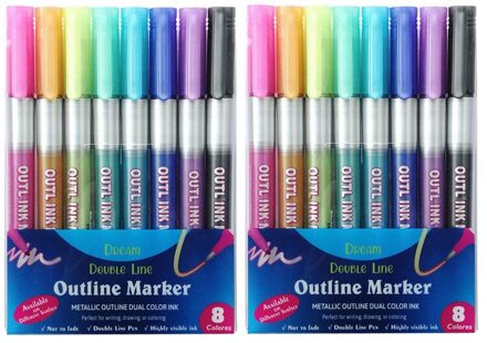 12 Kleur Metaal Verf Marker Pen Set Dubbele Lijn Pen Schets Marker Glitter Voor Tekening Schilderen Doodling Schoolbenodigdheden 2 reeks 8 kleuren